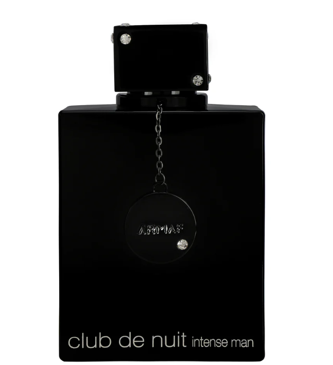 Black rectangular perfume bottle with spherical pendant charm hanging from chain