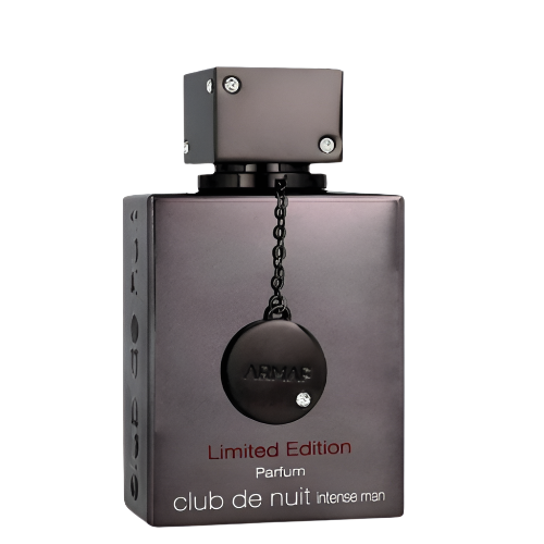 Armaf Club De Nuit Intense 2024 Limited Edition parfum bottle in dark gray with black spherical charm pendant.