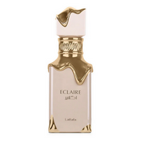 Lattafa Eclaire Eau de Parfum 3.4 oz nude pink bottle with gold detailing front view