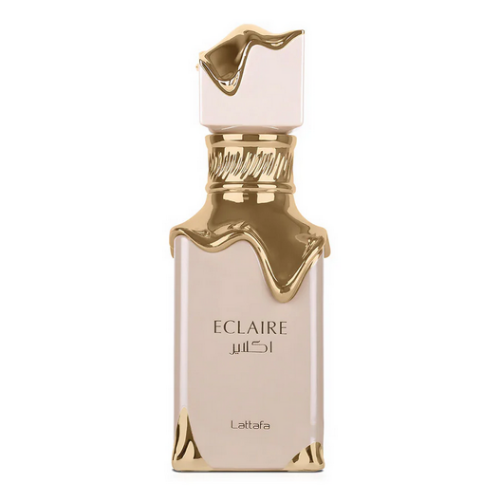 Lattafa Eclaire Eau de Parfum 3.4 oz nude pink bottle with gold detailing front view