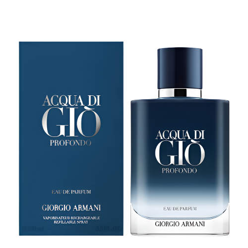 Acqua di Gio Profondo eau de parfum bottle and box set in dark blue and silver gradient packaging