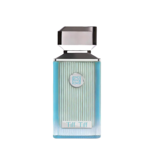 Ahmed Al Maghribi Tiff Tiff eau de parfum bottle, turquoise and silver with metallic cap