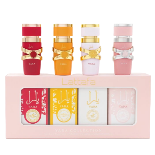 Lattafa Yara Collection Eau de Parfum mini set with four colorful bottles and pink packaging box front view