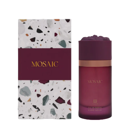 Ahmed Al Maghribi Mosaic burgundy perfume bottle with matching terrazzo-patterned box