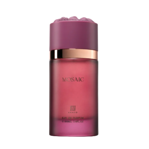 Ahmed Al Maghribi Mosaic Eau De Parfum bottle with purple cap and rose-toned glass, gold band accent
