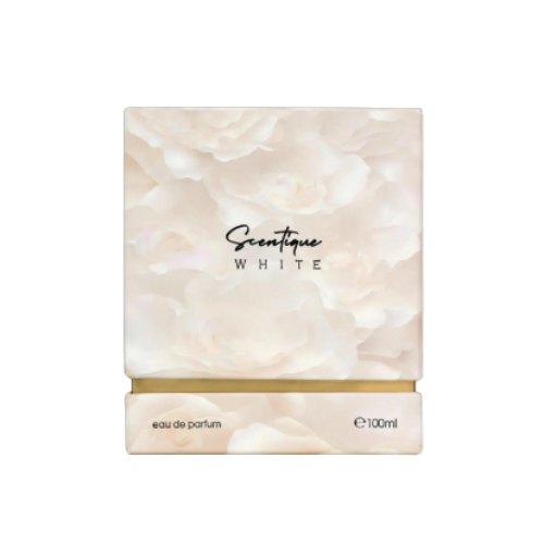 Scentique White eau de parfum 100ml bottle with pearlescent packaging and gold band detail