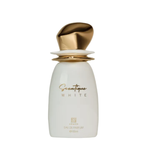 Ahmed Al Maghribi Scentique White Eau De Parfum bottle with gold cap and white glass container
