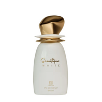 Ahmed Al Maghribi Scentique White Eau De Parfum bottle with gold cap and white glass container
