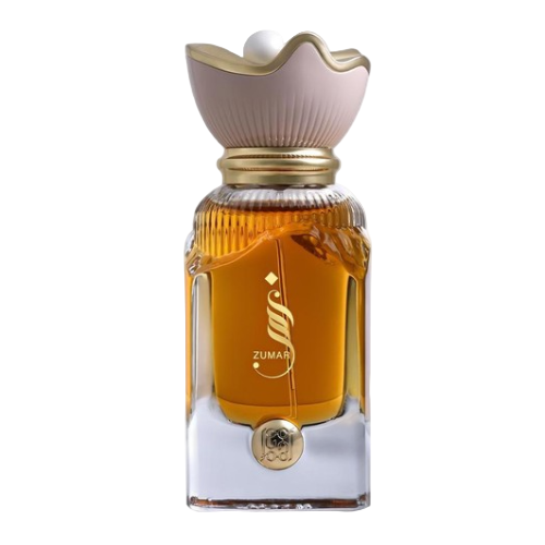 Ahmed Al Maghribi Zumar Eau De Parfum bottle with pink flower-shaped cap and gold band on white base
