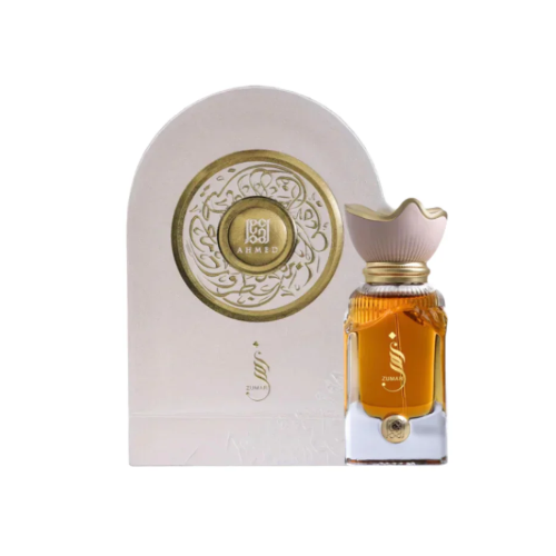 Ahmed Al Maghribi Zumar Eau De Parfum bottle with white arch-shaped box and gold-accented cap.