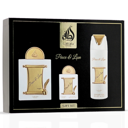 Lattafa Peace And Love 3 Piece Gift Set With 3.4 EDP + 6.7 Oz DEO