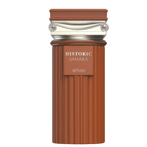 Afnan Historic Sahara eau de parfum bottle with terracotta ribbed body and silver cap.