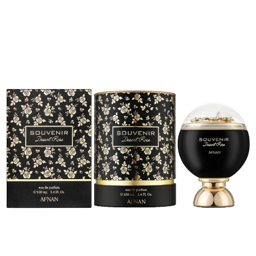 Afnan Souvenir Dessert Rose perfume with two black and gold boxes and a black spherical bottle with gold base