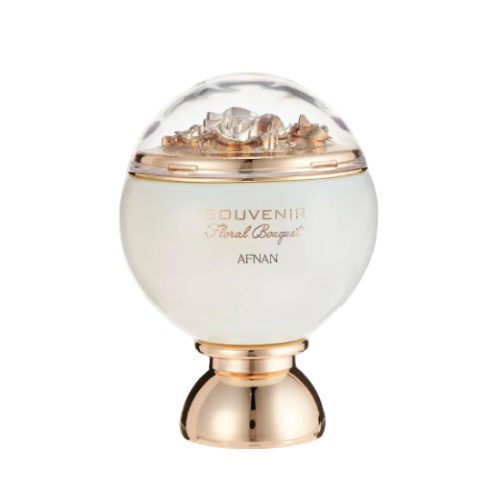 Afnan Souvenir Floral Bouquet perfume bottle with white and gold spherical design, topped with rose gold base and dome cap.