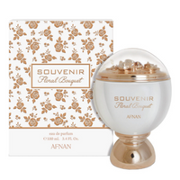 Afnan Souvenir Floral Bouquet perfume bottle with cream and gold packaging box featuring rose pattern design