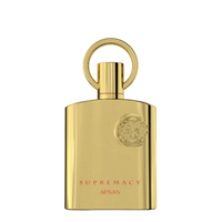Afnan Supremacy Gold bottle with ring top and emblem, rectangular gold metal container