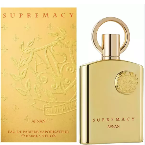 Afnan Supremacy Gold perfume bottle and box, gold-toned glass with matching packaging