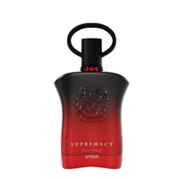 Afnan Supremacy red and black eau de parfum bottle with loop handle and decorative emblem