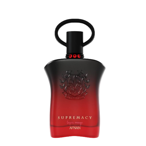 Afnan Supremacy red and black eau de parfum bottle with loop handle and decorative emblem