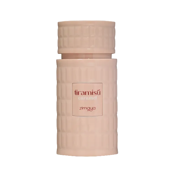 Afnan Zimaya Tiramisu Caramel fragrance bottle in beige with textured cylindrical design