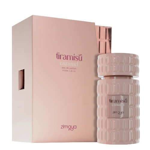 Afnan Zimaya Tiramisu Caramel eau de parfum bottle and box in beige with textured packaging