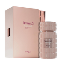 Afnan Zimaya Tiramisu Caramel eau de parfum bottle and box in beige with textured packaging
