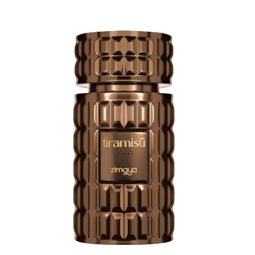 Afnan Zimaya Tiramisu Coco brown textured cylindrical fragrance bottle with gold label
