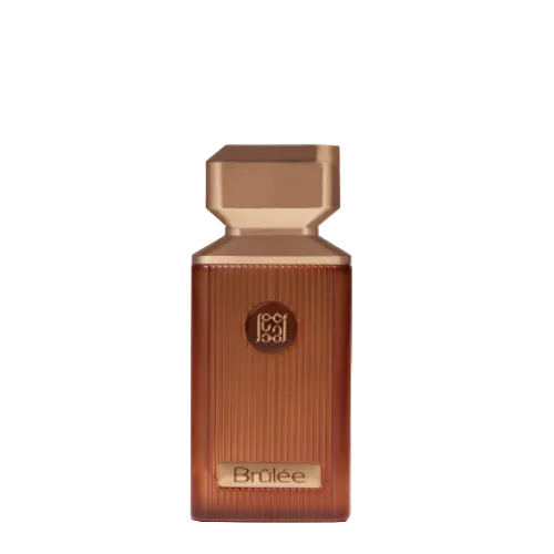 Ahmed Al Maghribi Brulee brown rectangular perfume bottle with ridged texture and gold cap