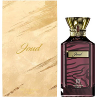Ahmed Al Maghribi Joud perfume bottle with burgundy glass and gold cap, next to cream colored box