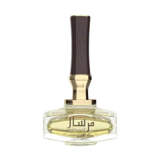 Afnan Mirsaal With Love perfume in clear glass bottle with gold accents and dark brown cap
