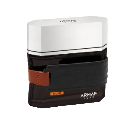 Armaf Craze Noir fragrance bottle with white cap and black base with brown leather accent strap