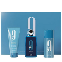 Afnan 9 Am Dive three-piece gift set with blue fragrance bottle, tube, and spray atomizer on blue background.