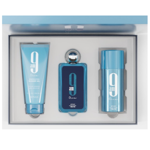 Afnan 9 Am Dive 3-piece gift set with cologne bottle, body wash tube, and deodorant spray in blue packaging.
