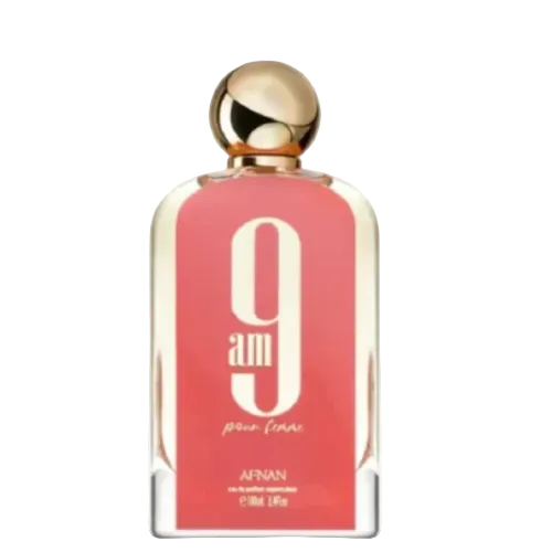 Afnan 9 Am Femme perfume bottle with coral-pink label and gold spherical cap