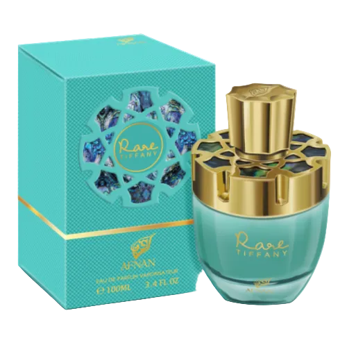 Afnan Rare Tiffany perfume bottle with turquoise liquid and gold cap next to matching box