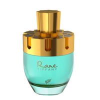 Afnan Rare Tiffany Eau De Parfum bottle with turquoise lower section and gold-toned cap.
