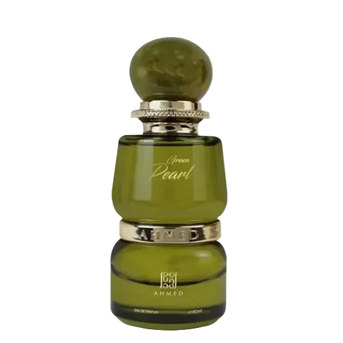 Ahmed Al Maghribi Green Pearl eau de parfum bottle with spherical cap and metallic band.