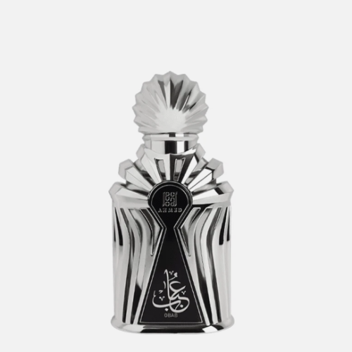 Ahmed Al Maghribi Obab concentrated parfum oil bottle with ornate silver cap and black label.