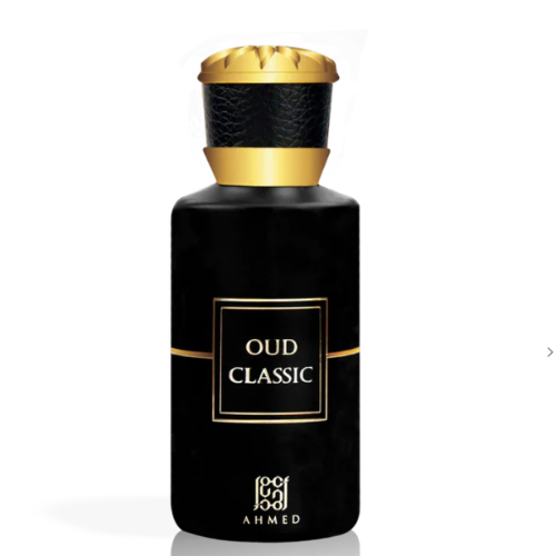 Ahmed Al Maghribi Oud Classic black bottle with gold cap and band against white background.