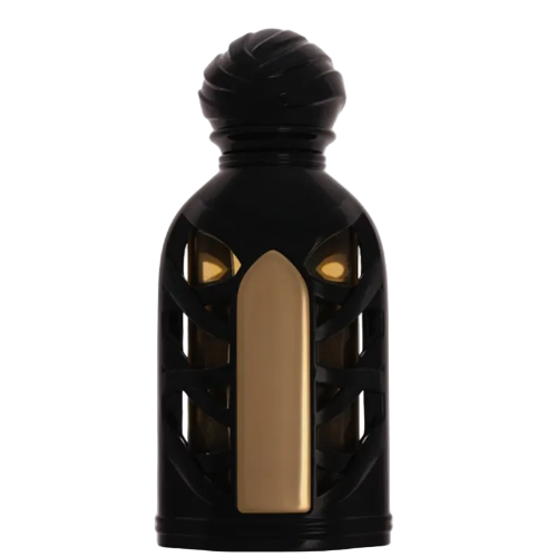 Black parfum oil bottle with gold accents and lattice cutouts on sides