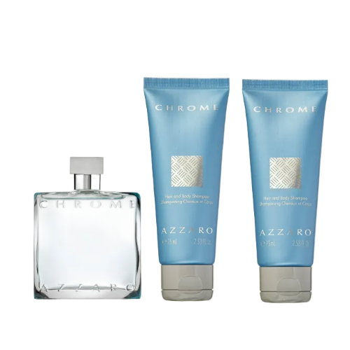 Azzaro Chrome cologne bottle with two blue shower gel tubes, gift set packaging.