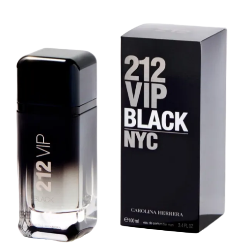 212 VIP Black fragrance bottle with black box packaging by Carolina Herrera
