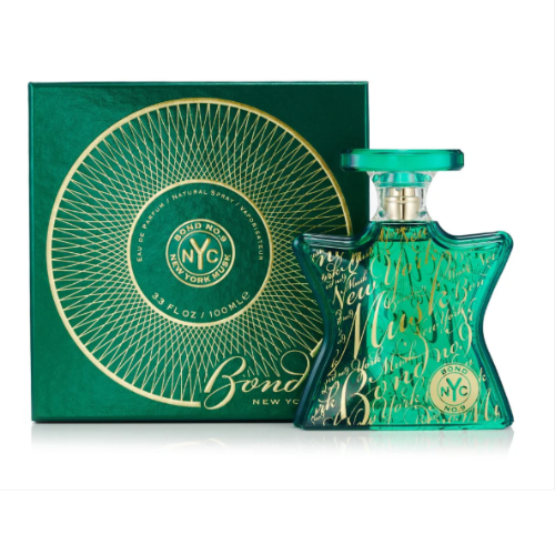 Bond No. 9 New York Musk green eau de parfum bottle with matching presentation box featuring gold circular design.