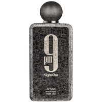 Afnan 9 PM Night Out Extrait De Parfum bottle with spherical dark cap on white background