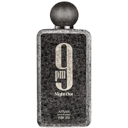 Afnan 9 PM Night Out Extrait De Parfum bottle with spherical dark cap on white background