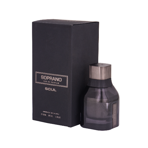 Dumont Soprano Soul Eau de Parfum 3.4 oz dark grey bottle side view with black packaging box 