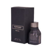 Dumont Soprano Soul Eau de Parfum 3.4 oz dark grey bottle side view with black packaging box 