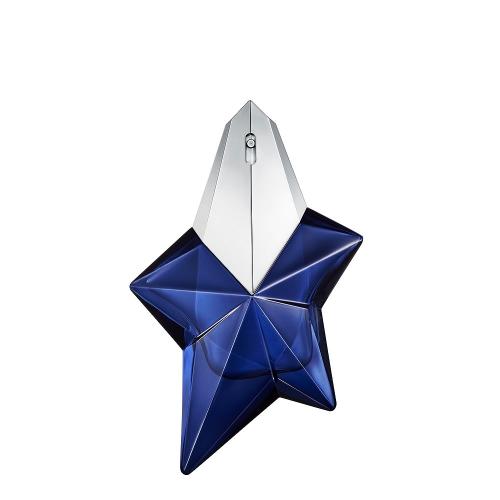 Dark blue star-shaped perfume bottle with silver cap and hanging loop.