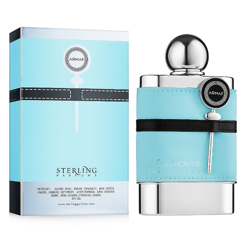 Armaf Blue Homme fragrance bottle with light blue exterior, silver cap, and matching box packaging.