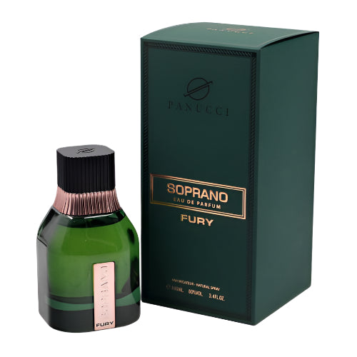 Dumont Soprano Fury Eau de Parfum 3.4 oz green bottle with packaging box front view